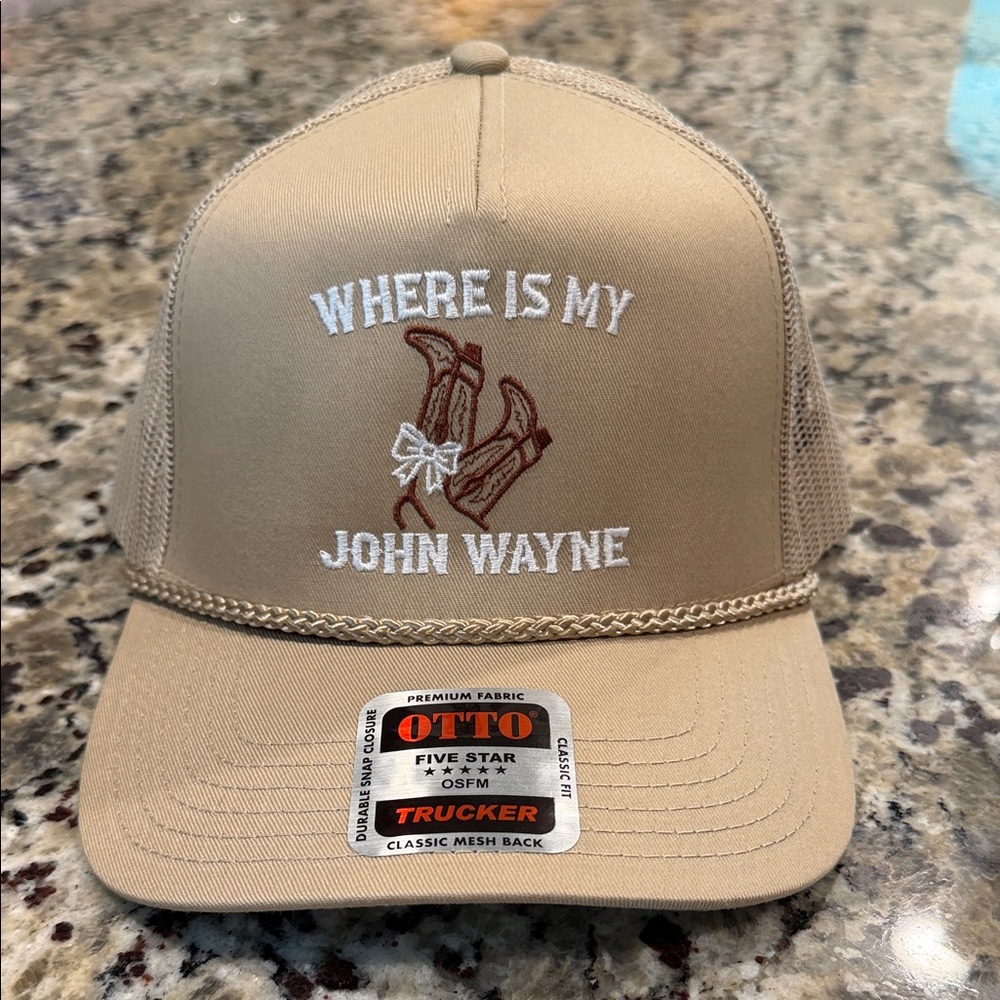 OTTO Tan Trucker Hat with 'Where Is My John Wayne' Embroidery